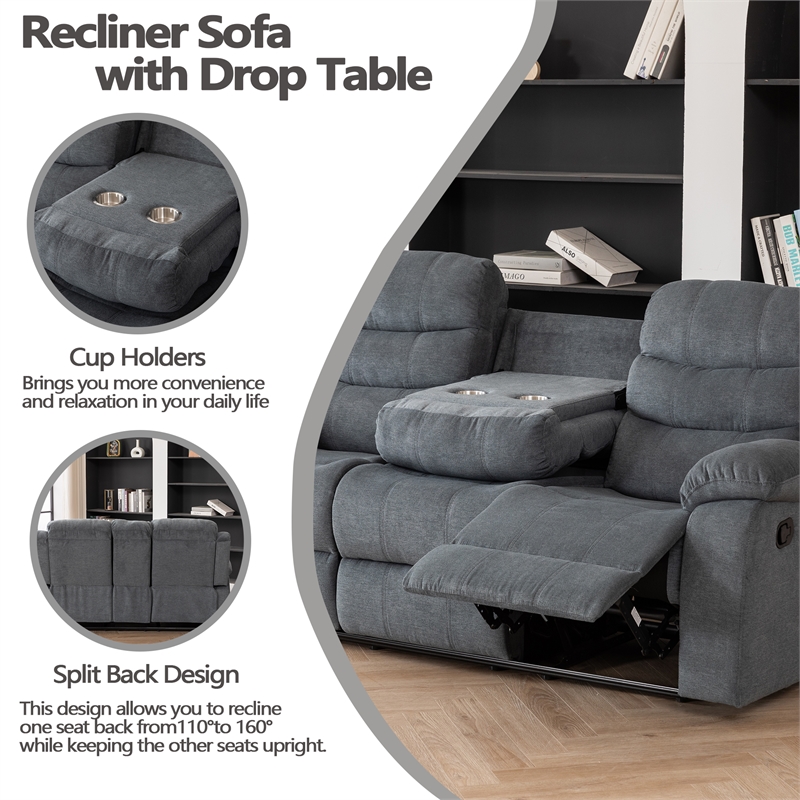 Pemberly Row Fabric Sofa Set of Reclining Chair & Loveseat & Sofa in Grey