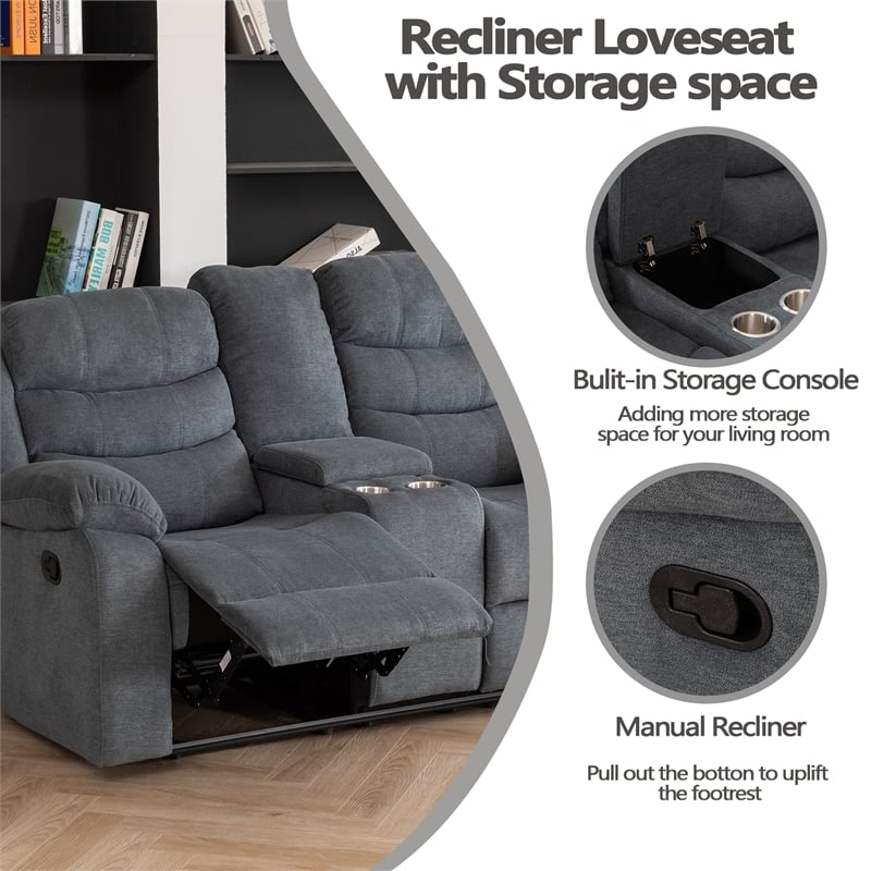 Pemberly Row Fabric Sofa Set of Reclining Chair & Loveseat & Sofa in Grey