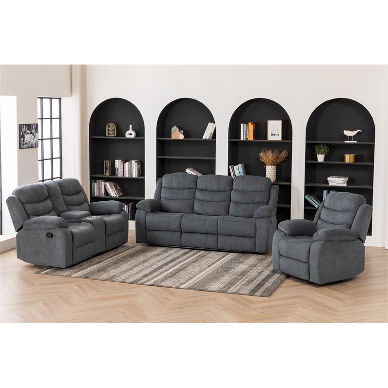 Pemberly Row Fabric Sofa Set of Reclining Chair & Loveseat & Sofa in Grey
