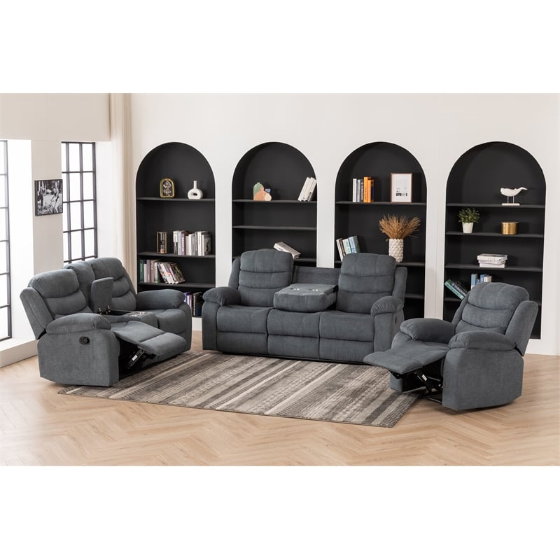Pemberly Row Fabric Sofa Set of Reclining Chair & Loveseat & Sofa in Grey