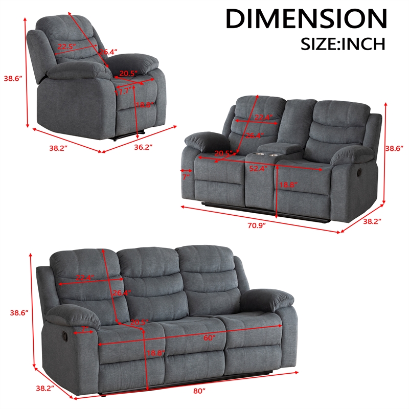 Pemberly Row Fabric Sofa Set of Reclining Chair & Loveseat & Sofa in Grey