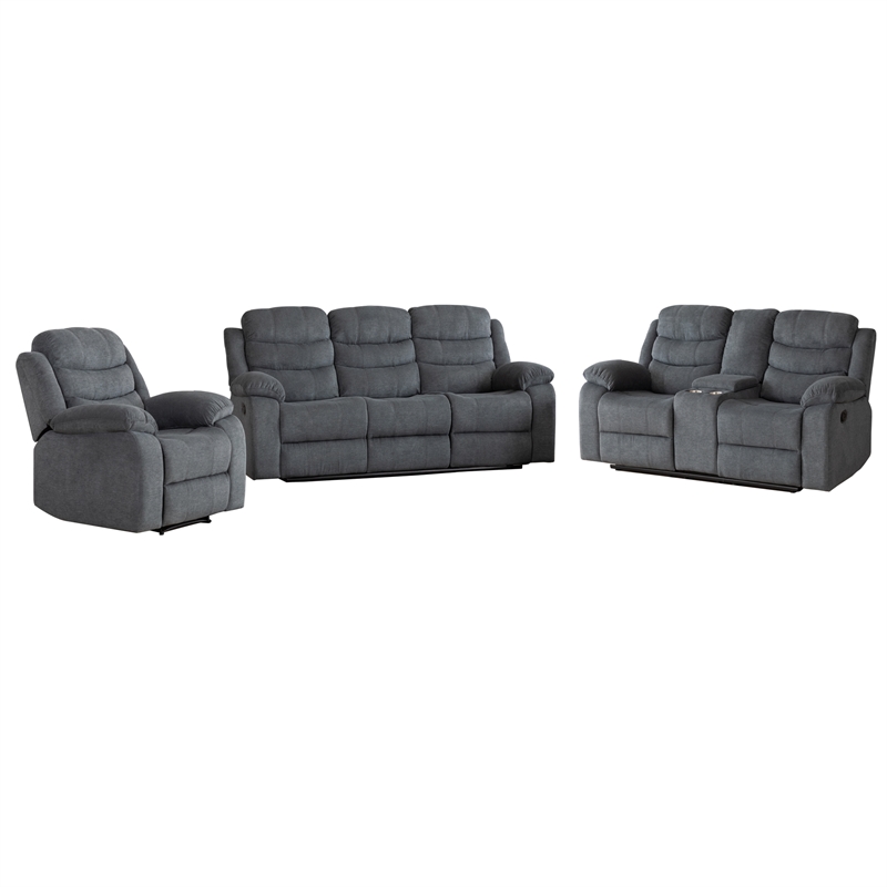 Pemberly Row Fabric Sofa Set of Reclining Chair & Loveseat & Sofa in Grey