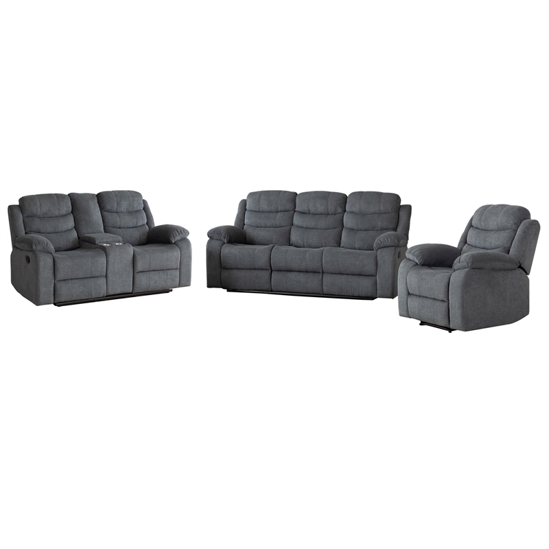 Pemberly Row Fabric Sofa Set of Reclining Chair & Loveseat & Sofa in Grey