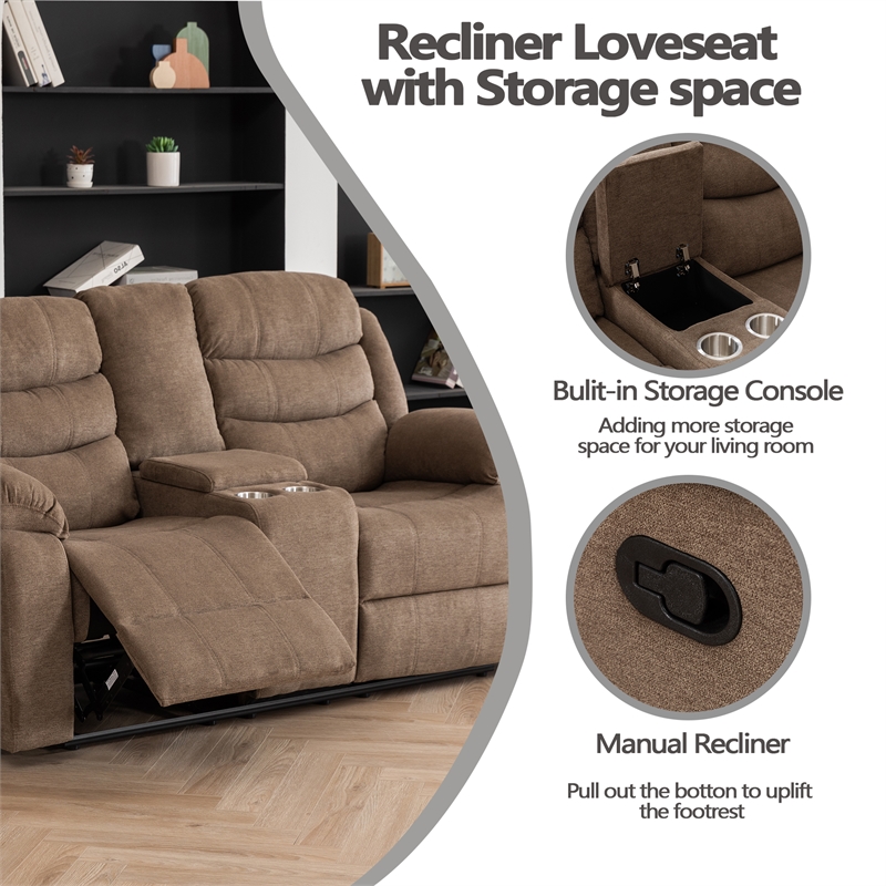 Pemberly Row Fabric Sofa Set of Reclining Chair & Loveseat & Sofa in Brown