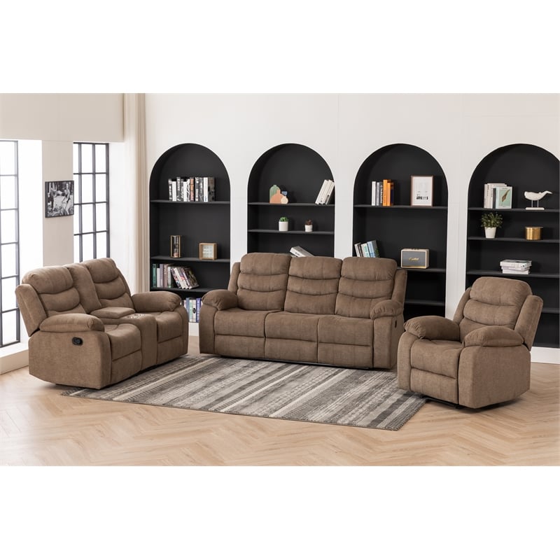 Pemberly Row Fabric Sofa Set of Reclining Chair & Loveseat & Sofa in Brown