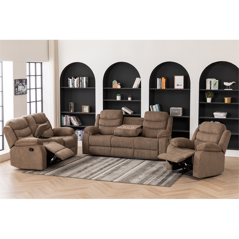 Pemberly Row Fabric Sofa Set of Reclining Chair & Loveseat & Sofa in Brown
