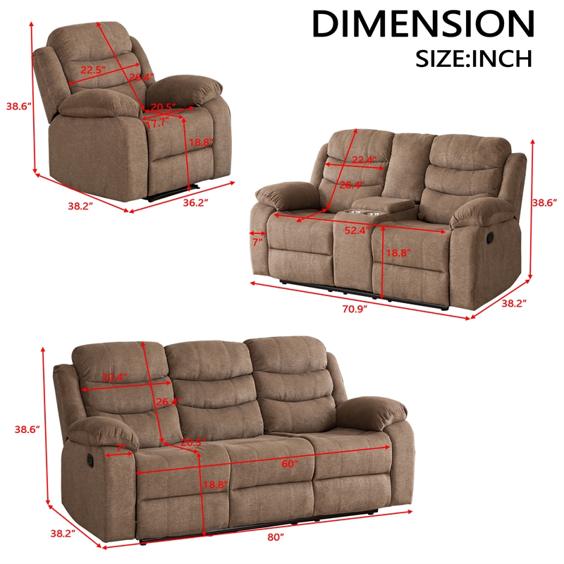 Pemberly Row Fabric Sofa Set of Reclining Chair & Loveseat & Sofa in Brown