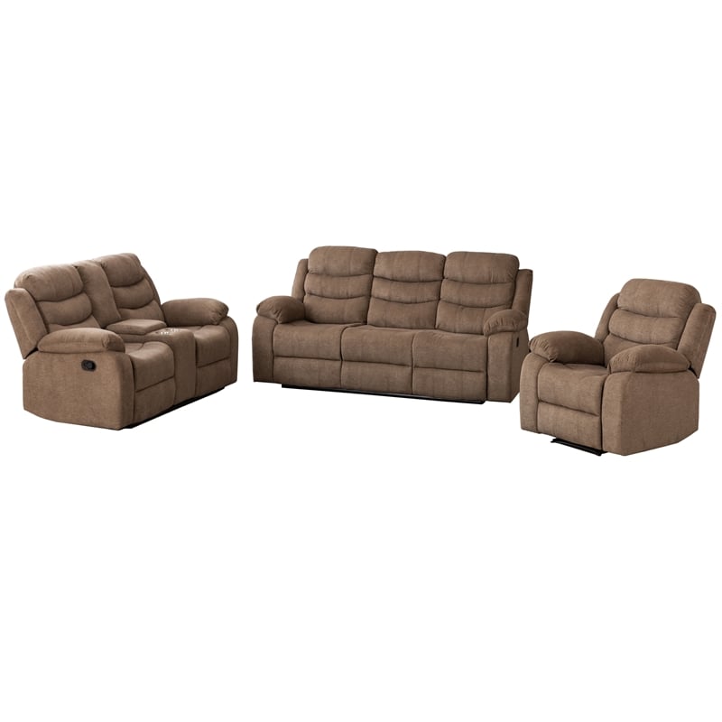 Pemberly Row Fabric Sofa Set of Reclining Chair & Loveseat & Sofa in Brown