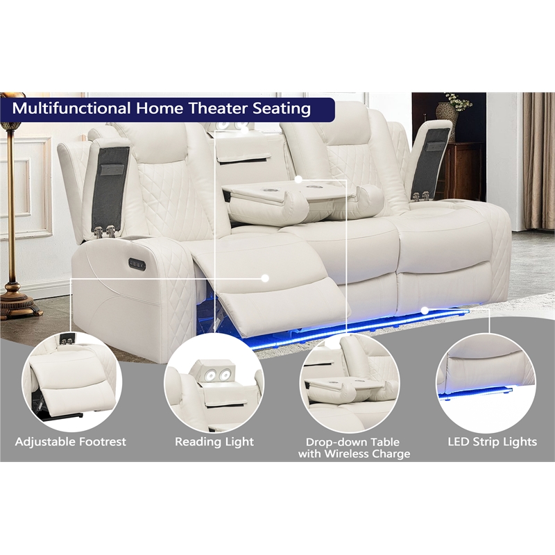 Pemberly Row PU Leather 3Pcs Power Reclining Multi-functional Sofa Set - White