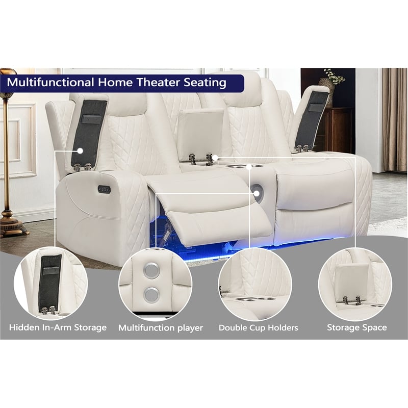Pemberly Row PU Leather 3Pcs Power Reclining Multi-functional Sofa Set - White