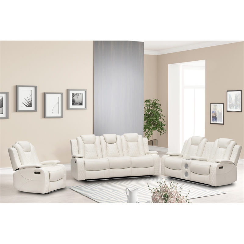 Pemberly Row PU Leather 3Pcs Power Reclining Multi-functional Sofa Set - White