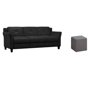 Pemberly Row Set of 2 Microfiber Upholstery Sofa in Black and Ottoman in Gray