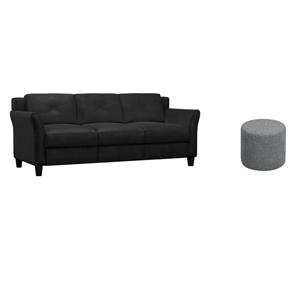 Pemberly Row Set of 2 Microfiber Upholstery Sofa in Black and Ottoman in Gray