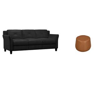 Pemberly Row Set of 2 Microfiber Upholstery Sofa in Black and Ottoman in Caramel