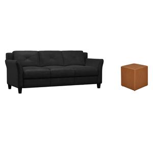 Pemberly Row Set of 2 Microfiber Upholstery Sofa in Black and Ottoman in Caramel