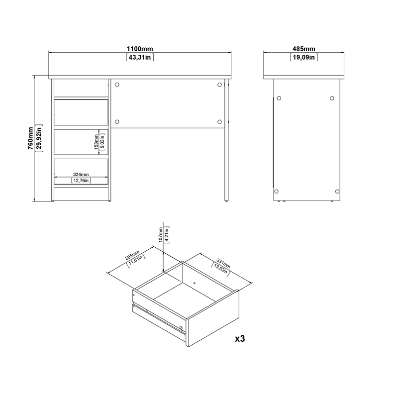 Pemberly Row Set of 2 Writing Desk and 3-Drawers Mobile Cabinet with Casters