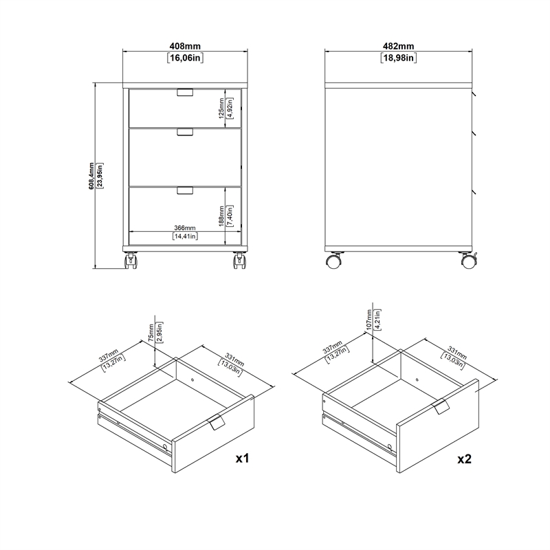 Pemberly Row Set of 2 Writing Desk and 3-Drawers Mobile Cabinet with Casters