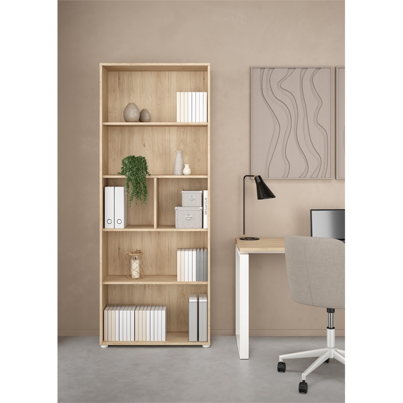 Pemberly Row Set of 2 Home Office Desk & Adjustable 6-Shelf Bookcase in Hickory