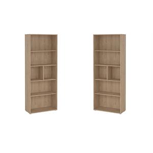 Pemberly Row Set of 2 Adjustable 6-Shelf Open Storage Bookcases in Hickory