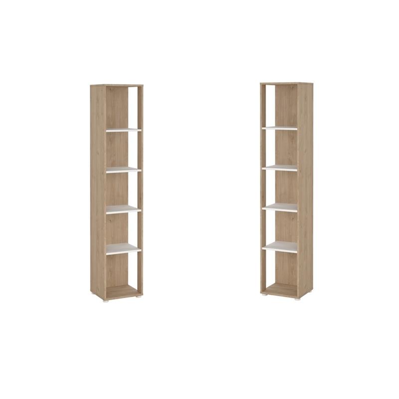 Pemberly Row Set of 2 Tall Open Storage 5-Shelf Bookcases in Hickory and White