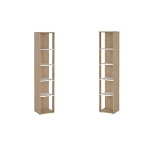 Pemberly Row Set of 2 Tall Open Storage 5-Shelf Bookcases in Hickory and White