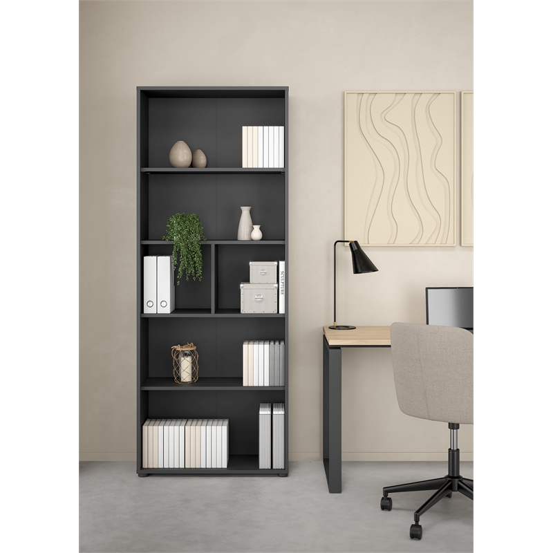 Pemberly Row Set of 2 Adjustable 6-Shelf Open Storage Bookcases in Matte Gray