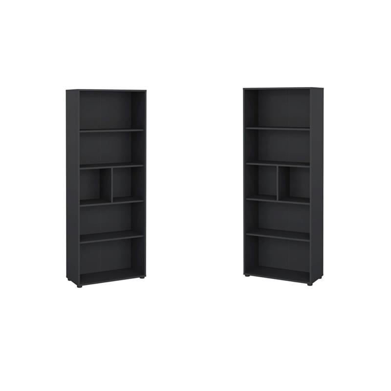 Pemberly Row Set of 2 Adjustable 6-Shelf Open Storage Bookcases in Matte Gray