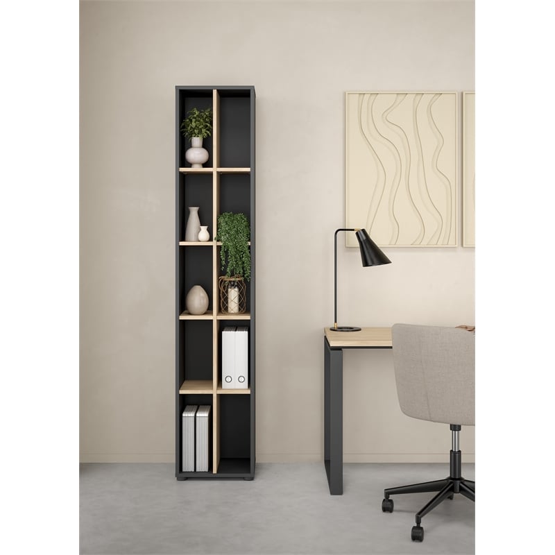 Pemberly Row Set of 2 10-Shelf Open Storage Tall Bookcases in Hickory and Gray