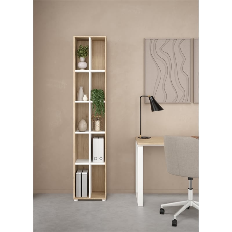 Pemberly Row Set of 2 10-Shelf Open Storage Tall Bookcases in Hickory and White