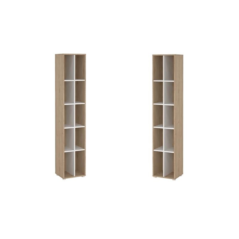 Pemberly Row Set of 2 10-Shelf Open Storage Tall Bookcases in Hickory and White