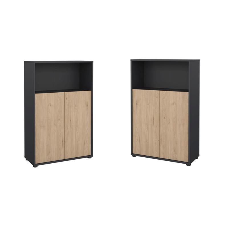 Pemberly Row Set of 2 3-Shelf Adjustable Home Office Bookcases in Black and Oak