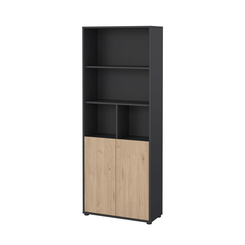Pemberly Row Set of 2 6-Shelf Adjustable Home Office Bookcases in Black and Oak