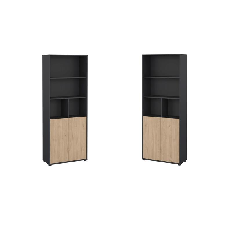 Pemberly Row Set of 2 6-Shelf Adjustable Home Office Bookcases in Black and Oak