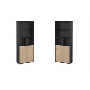 Pemberly Row Set of 2 6-Shelf Adjustable Home Office Bookcases in Black and Oak