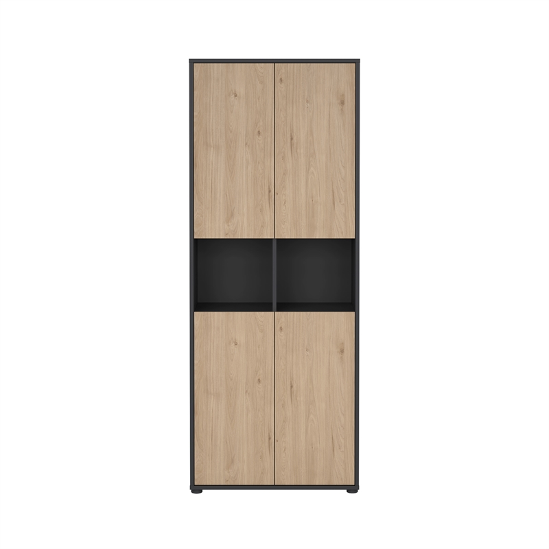 Pemberly Row Set of 2 6-Shelf Bookcases with Open Shelf Storage in Black and Oak