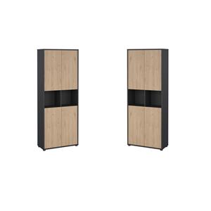 Pemberly Row Set of 2 6-Shelf Bookcases with Open Shelf Storage in Black and Oak
