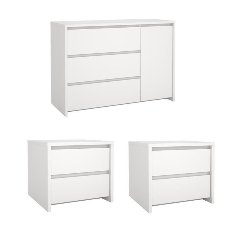 Pemberly Row Set of 3 2 Nightstand End Tables and Livingroom Sideboard in White