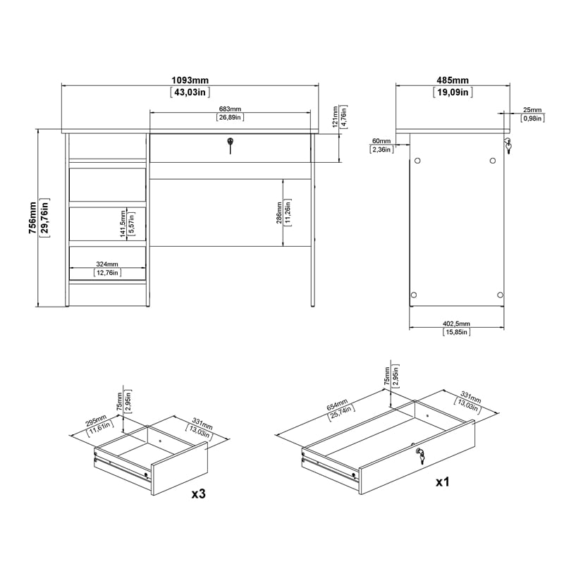Pemberly Row Set of 2 Home Office Desk and 3-Drawers Mobile Cabinet with Casters