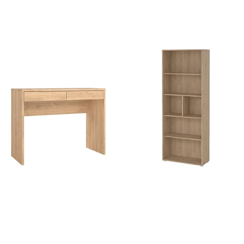 Pemberly Row Set of 2 Writing Desk and Adjustable 6-Shelf Bookcase in Hickory