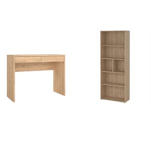 Pemberly Row Set of 2 Writing Desk and Adjustable 6-Shelf Bookcase in Hickory