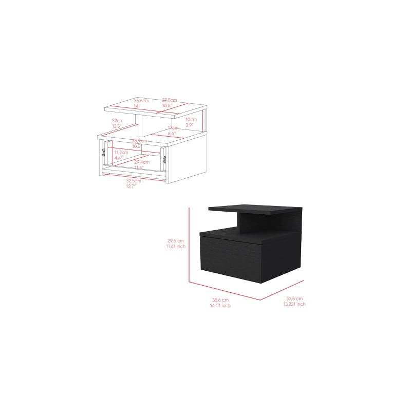 Pemberly Row Contemporary Engineered Wood Floating Nightstand in Black