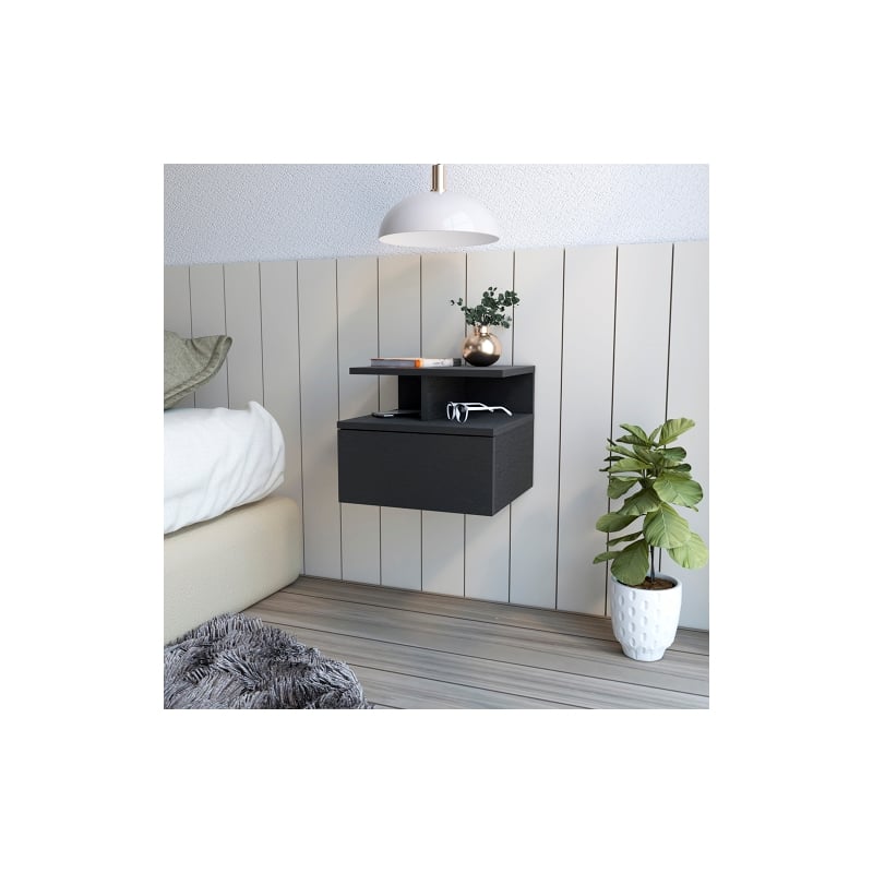Pemberly Row Contemporary Engineered Wood Floating Nightstand in Black