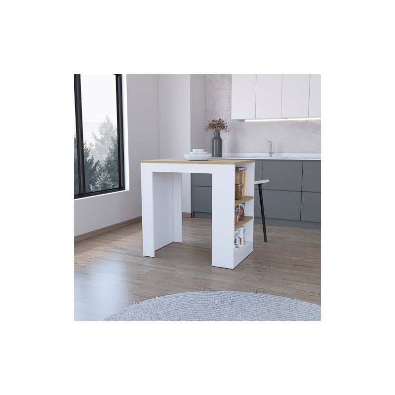 Pemberly Row Contemporary Engineered Wood Kitchen Island in White and Light Oak