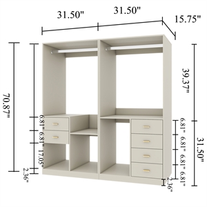 Pemberly Row Walk-in Closet Kit with 6 Drawers and 2 Hanging Rods in Gray