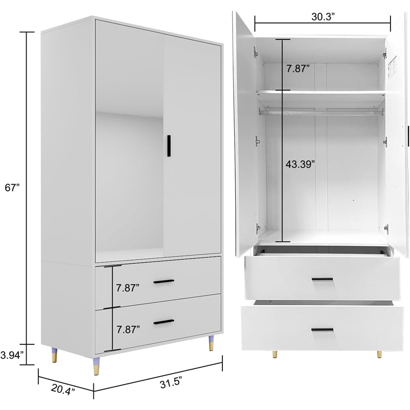 Pemberly Row 2 Doors Wood Armoire Wardrobe Closet 2 Drawers and Mirror in White
