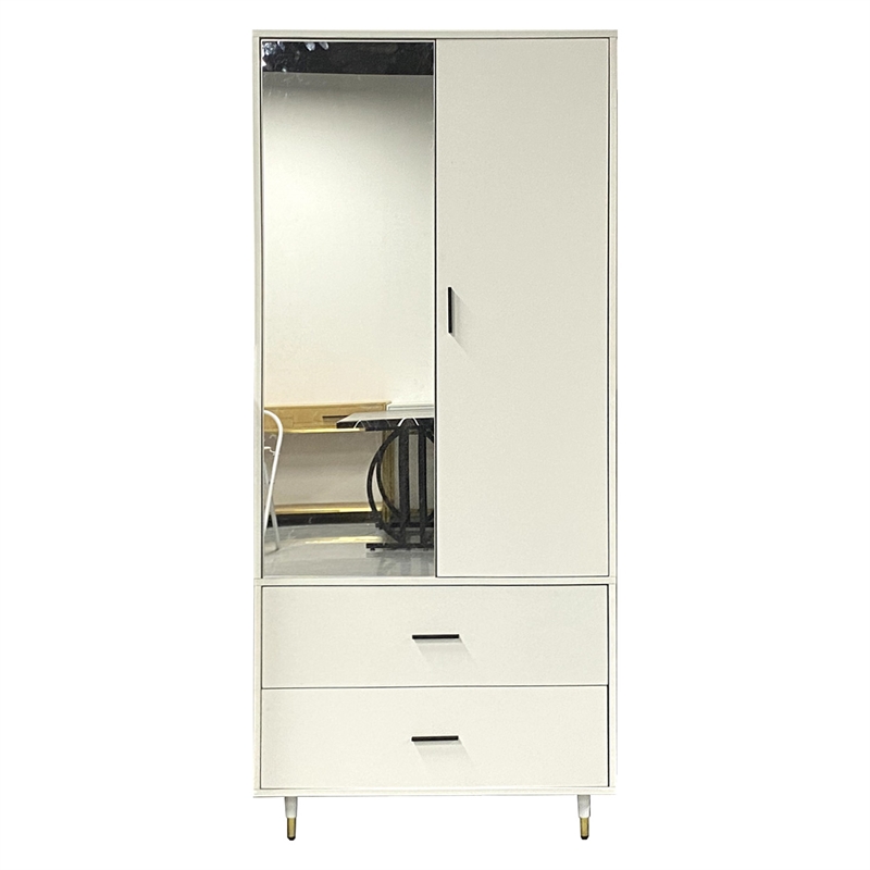 Pemberly Row 2 Doors Wood Armoire Wardrobe Closet 2 Drawers and Mirror in White