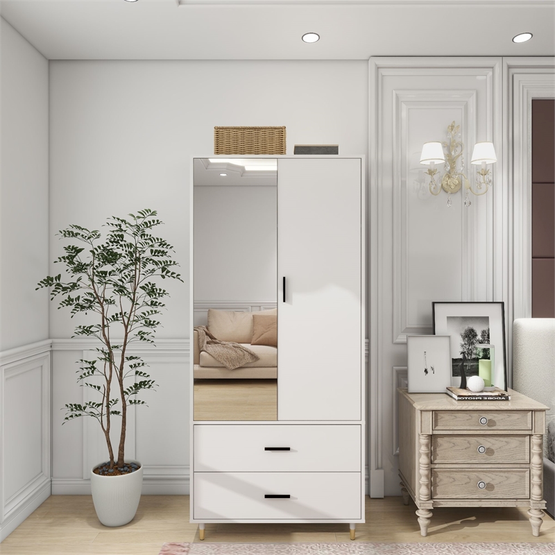 Pemberly Row 2 Doors Wood Armoire Wardrobe Closet 2 Drawers and Mirror in White