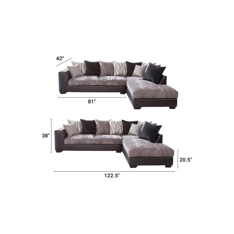 Pemberly Row Traditional Charcoal & Black Faux Leather L-Shaped Sectional