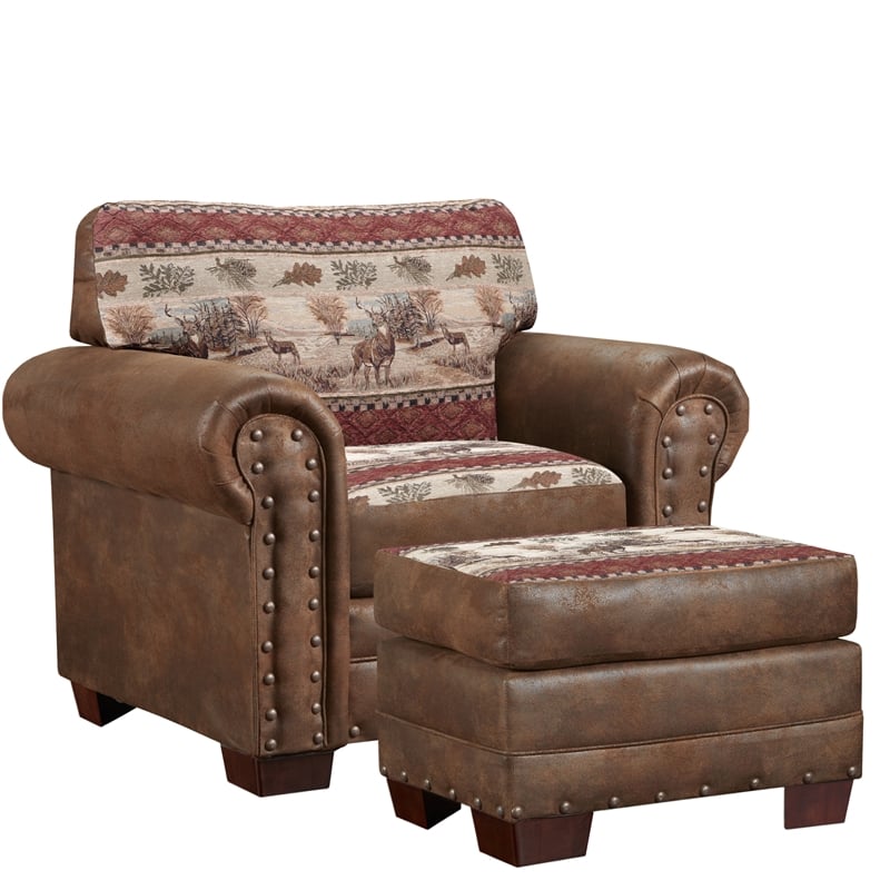 Pemberly Row Traditional Microfiber Arm Chair with Matching Ottoman in Brown