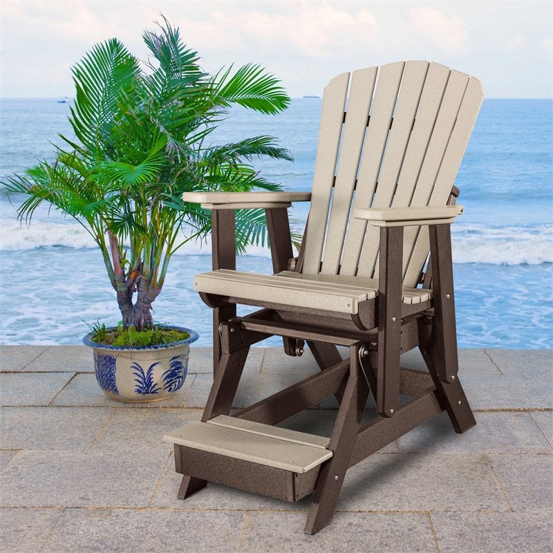 Pemberly Row Coastal Poly Resin Fan Back Balcony Glider in Weatherwood / Brown